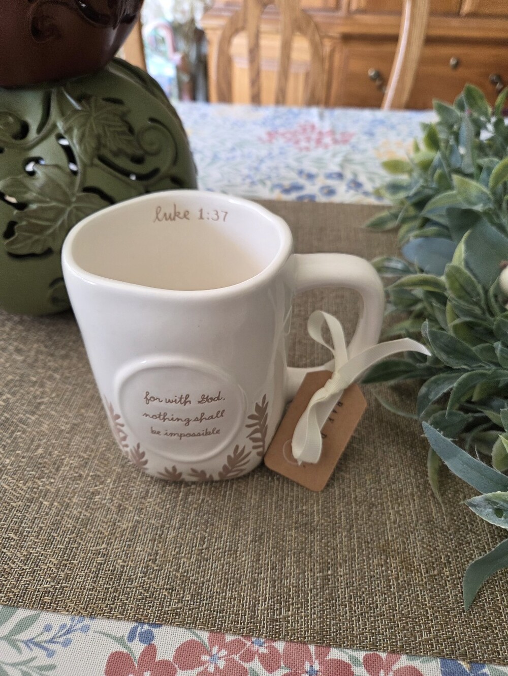 Rae Dunn White Ceramic Mug with Taupe Script and Leaf Accent